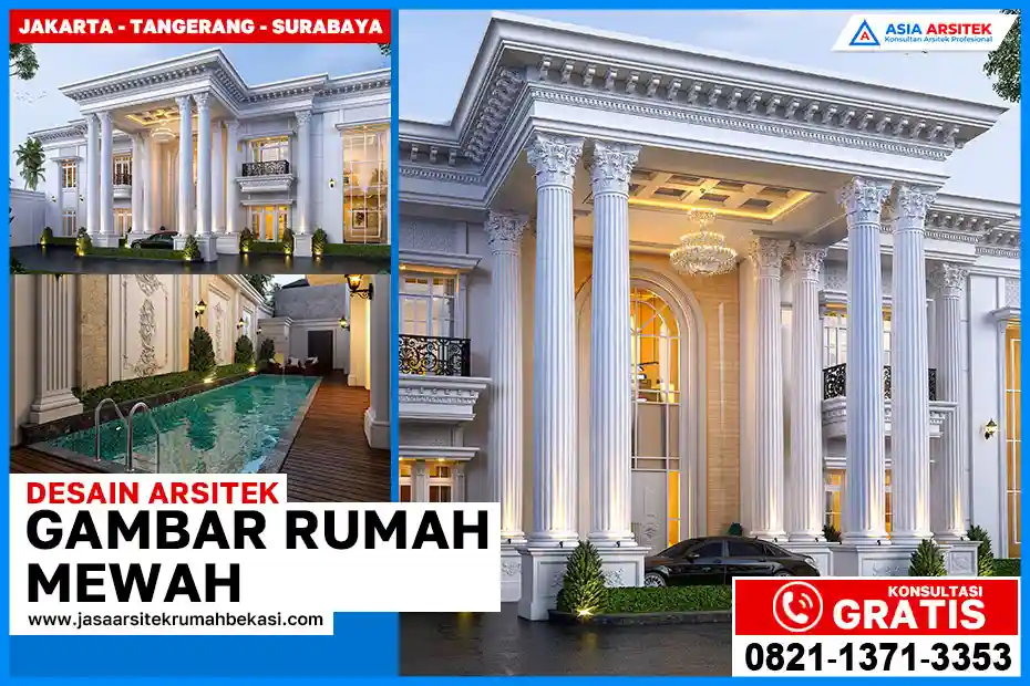 Gambar Rumah Mewah Gaya Klasik Eropa – Fasad rumah dua lantai bergaya Eropa klasik dengan pilar megah, balkon elegan, dan detail arsitektur simetris yang memancarkan kemewahan arsitektur tradisional Eropa.