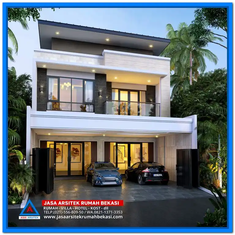 Gambar Rumah Minimalis 2 Lantai di Jakarta Barat – Tampilan fasad rumah dua lantai bergaya minimalis dengan kombinasi elemen kaca, kayu, dan warna netral yang cocok untuk lingkungan perkotaan