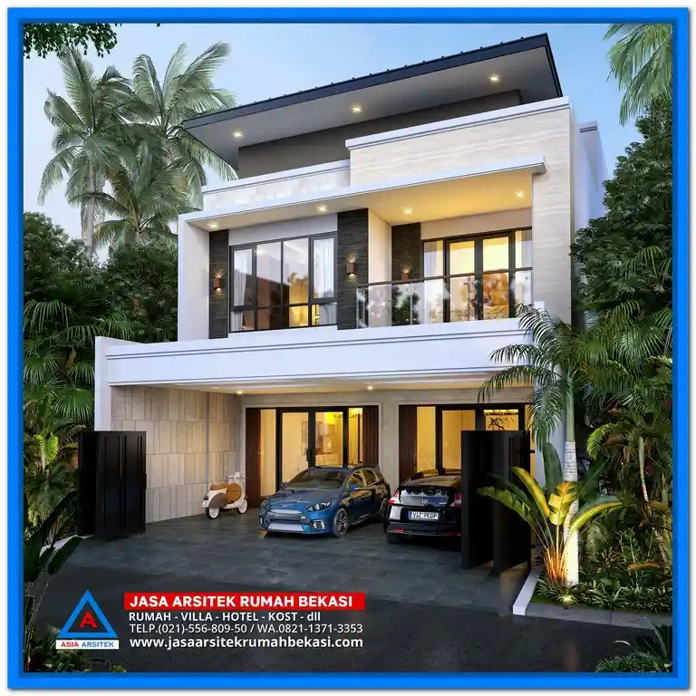 Gambar Rumah Minimalis 2 Lantai di Lahan 9x21 Meter – Tampak depan rumah dua lantai bergaya minimalis modern dengan bukaan besar, atap simpel, dan detail fasad rapi yang memaksimalkan lahan memanjang