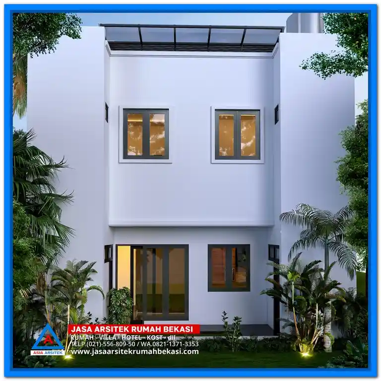 Gambar Rumah Minimalis 2 Lantai di Lahan 9x21 Meter – Tampak depan rumah dua lantai bergaya minimalis modern dengan bukaan besar, atap simpel, dan detail fasad rapi yang memaksimalkan lahan memanjang