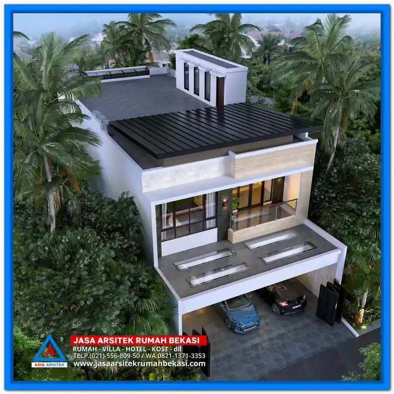 Gambar Rumah Minimalis 2 Lantai di Lahan 9x21 Meter – Tampak depan rumah dua lantai bergaya minimalis modern dengan bukaan besar, atap simpel, dan detail fasad rapi yang memaksimalkan lahan memanjang