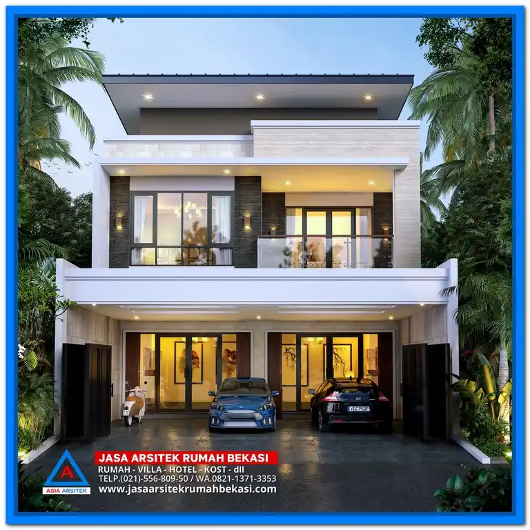 Gambar Rumah Minimalis Dengan Luas Tanah 200m2 – Fasad rumah modern dengan taman depan luas, bukaan besar, dan layout ideal untuk hunian bergaya minimalis di lahan 200 meter persegi.