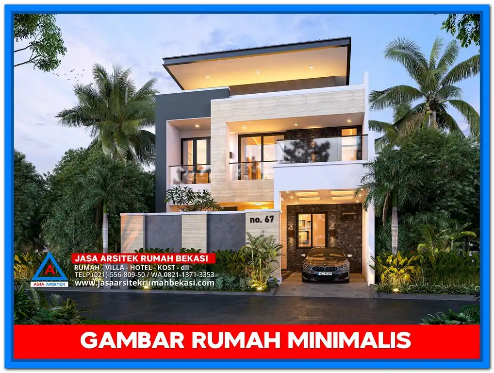 Gambar Rumah Minimalis – Desain rumah modern dengan garis tegas, atap datar, kombinasi warna netral, dan taman kecil yang mempercantik tampilan depan rumah.
