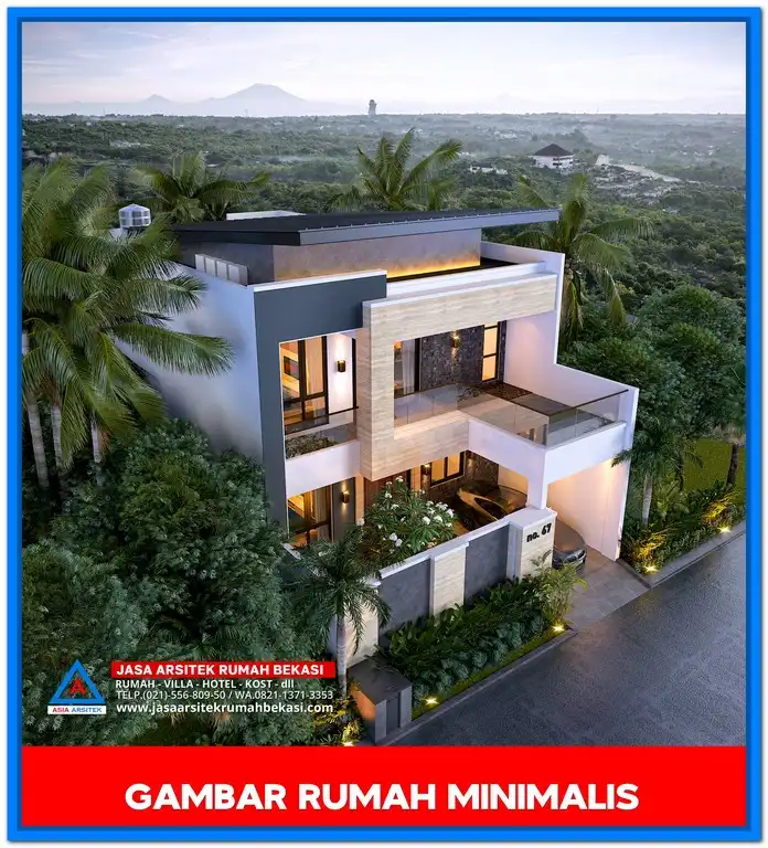 Gambar Rumah Minimalis – Desain rumah modern dengan garis tegas, atap datar, kombinasi warna netral, dan taman kecil yang mempercantik tampilan depan rumah.