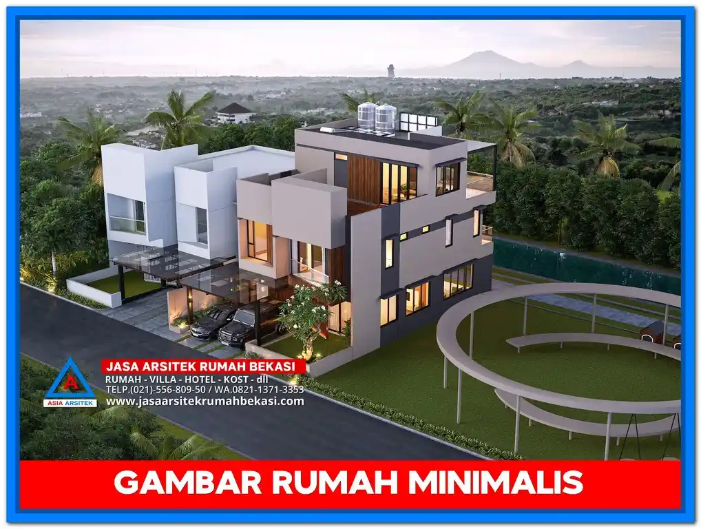 Gambar Rumah Minimalis Terbaru – Tampak depan rumah modern minimalis dengan desain kotak tegas, perpaduan warna earth tone, dan taman depan yang asri