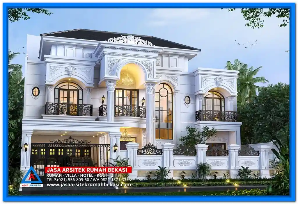 Ide Gambar Rumah Mewah Dengan Ukiran Unik dan Cantik – Tampilan rumah mewah dengan ornamen ukiran khas yang detail, memberikan kesan elegan dan artistik pada desain fasad.