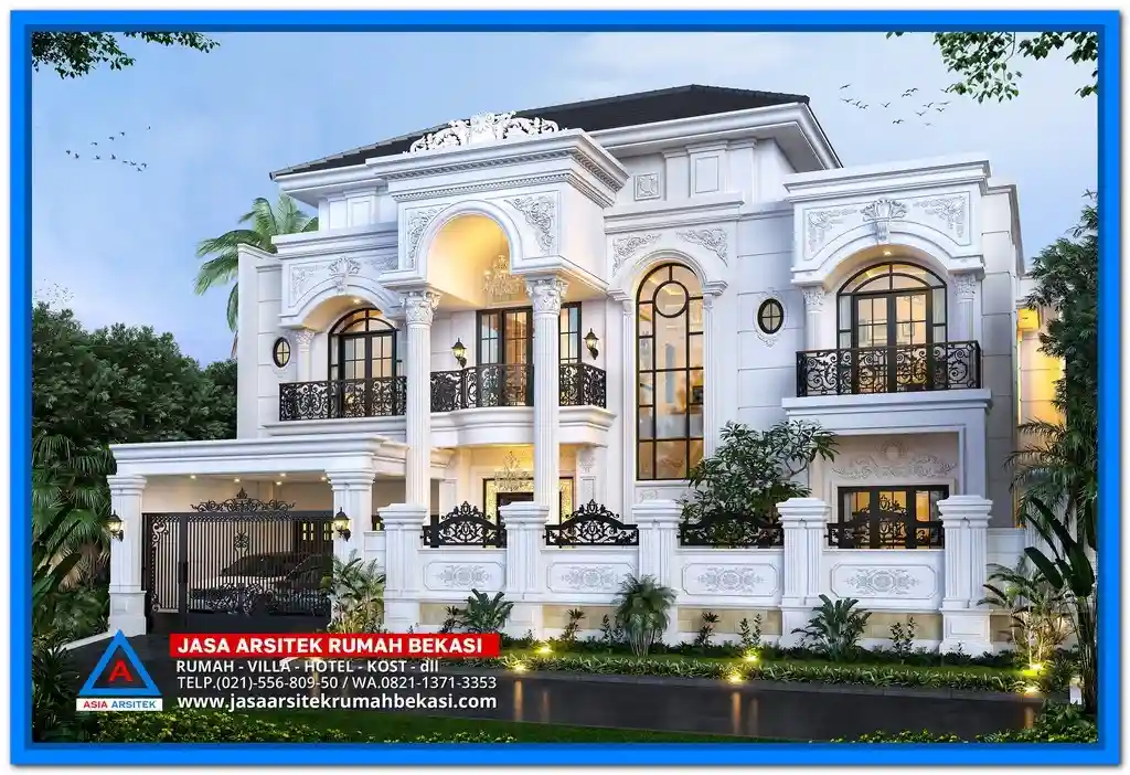 Ide Gambar Rumah Mewah Dengan Ukiran Unik dan Cantik – Tampilan rumah mewah dengan ornamen ukiran khas yang detail, memberikan kesan elegan dan artistik pada desain fasad.