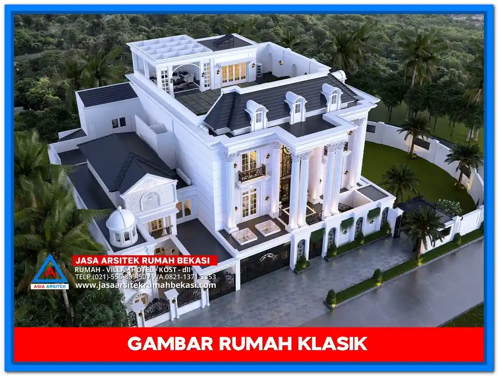 Ide Rumah Klasik Dengan Ornamen Ukiran – Tampak depan rumah megah bergaya klasik dengan detail ukiran khas di pilar, lis profil, dan pagar yang mempertegas kesan mewah dan berkelas.