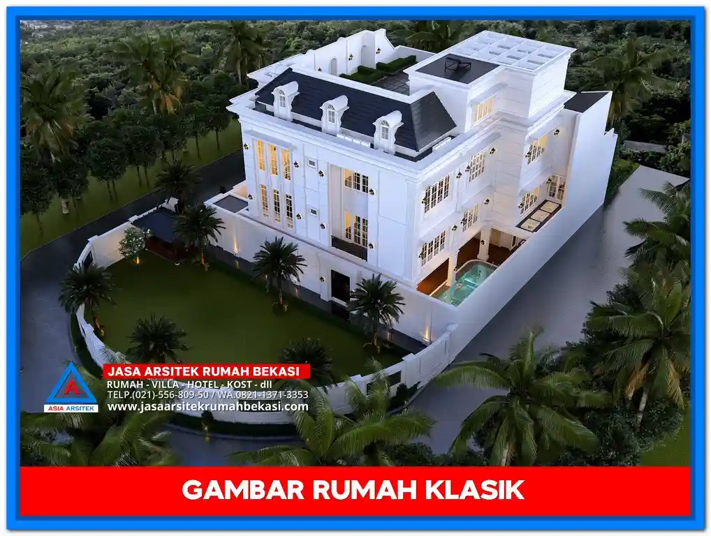 Ide Rumah Klasik Dengan Ornamen Ukiran – Tampak depan rumah megah bergaya klasik dengan detail ukiran khas di pilar, lis profil, dan pagar yang mempertegas kesan mewah dan berkelas.