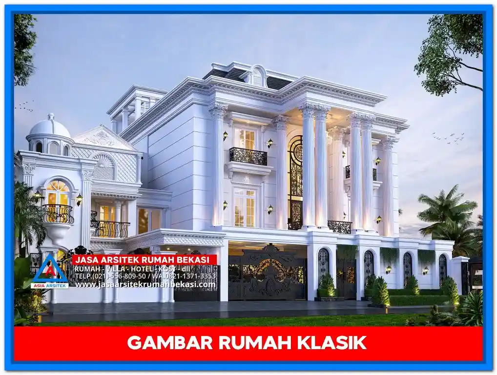 Ide Rumah Klasik Dengan Ornamen Ukiran – Tampak depan rumah megah bergaya klasik dengan detail ukiran khas di pilar, lis profil, dan pagar yang mempertegas kesan mewah dan berkelas.