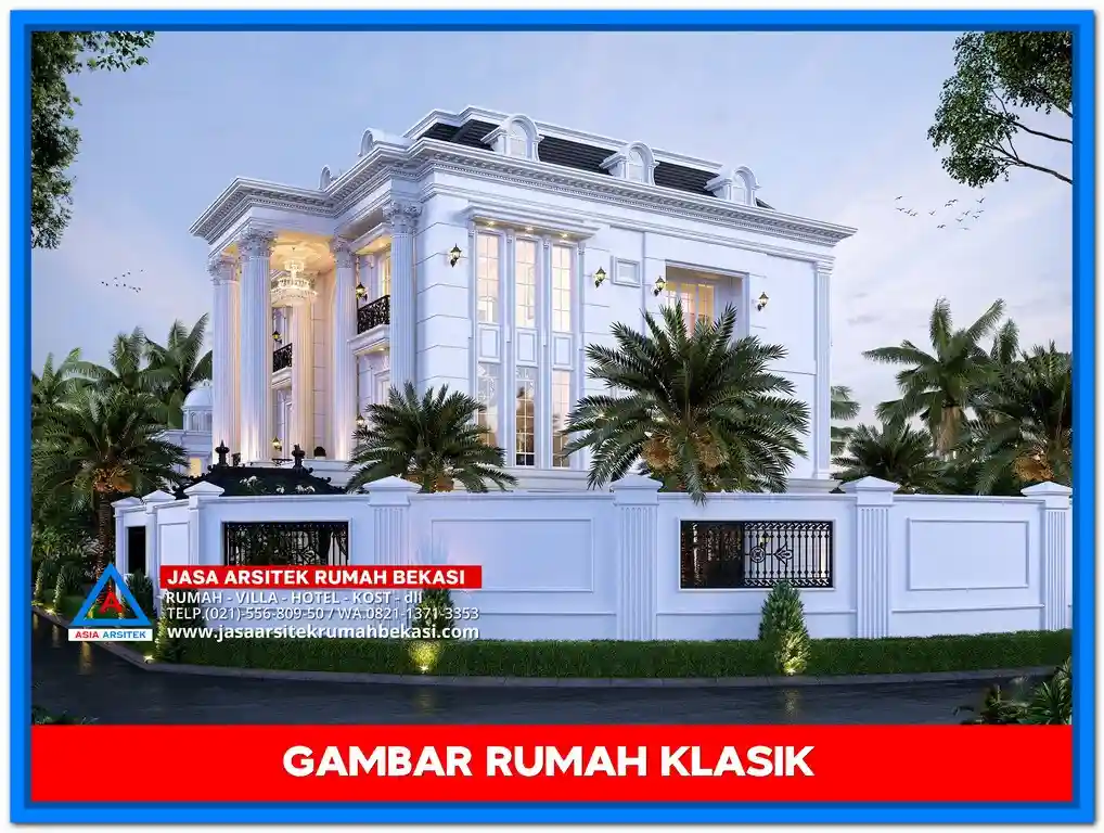 Ide Rumah Klasik Dengan Ornamen Ukiran – Tampak depan rumah megah bergaya klasik dengan detail ukiran khas di pilar, lis profil, dan pagar yang mempertegas kesan mewah dan berkelas.