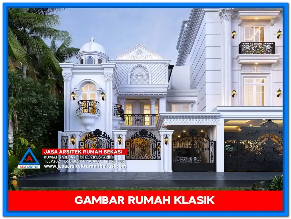 Ide Rumah Klasik Dengan Ornamen Ukiran – Tampak depan rumah megah bergaya klasik dengan detail ukiran khas di pilar, lis profil, dan pagar yang mempertegas kesan mewah dan berkelas.