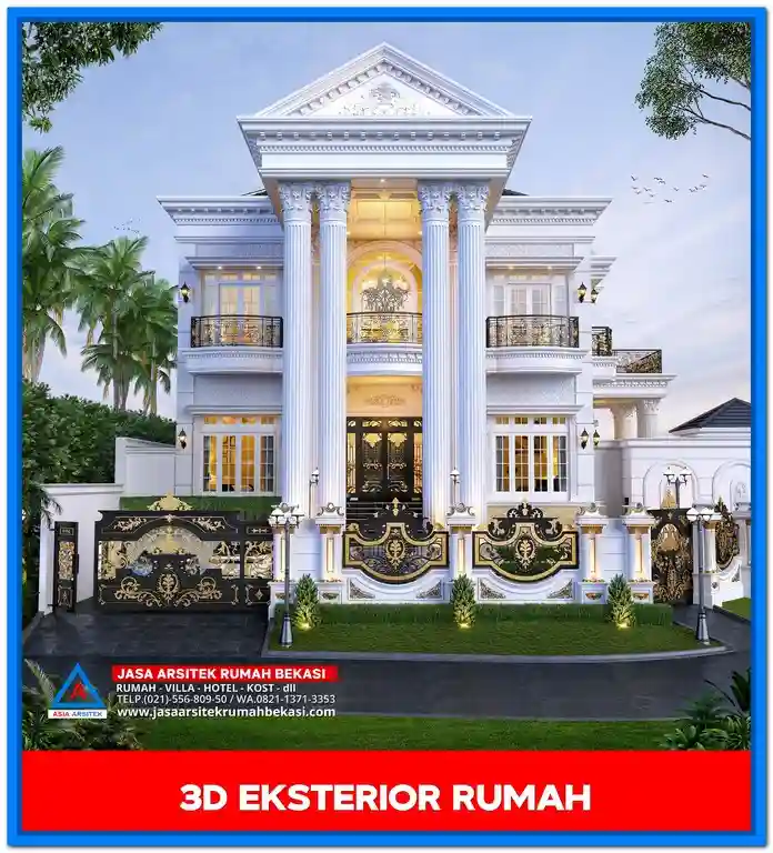 Inspirasi Gambar Rumah Klasik Eropa Elegan & Nyaman – Rumah dua lantai bergaya Eropa dengan dominasi warna terang, pilar tinggi, dan jendela besar yang menciptakan nuansa elegan dan nyaman.