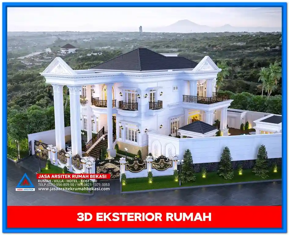 Inspirasi Gambar Rumah Klasik Eropa Elegan & Nyaman – Rumah dua lantai bergaya Eropa dengan dominasi warna terang, pilar tinggi, dan jendela besar yang menciptakan nuansa elegan dan nyaman.