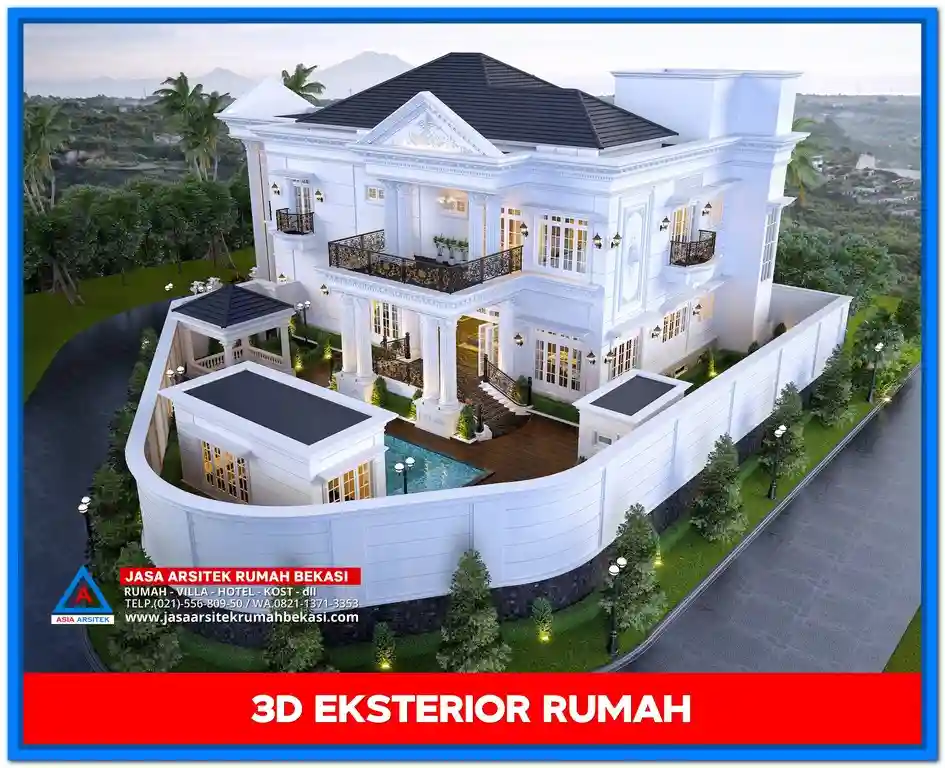 Inspirasi Gambar Rumah Klasik Eropa Elegan & Nyaman – Rumah dua lantai bergaya Eropa dengan dominasi warna terang, pilar tinggi, dan jendela besar yang menciptakan nuansa elegan dan nyaman.