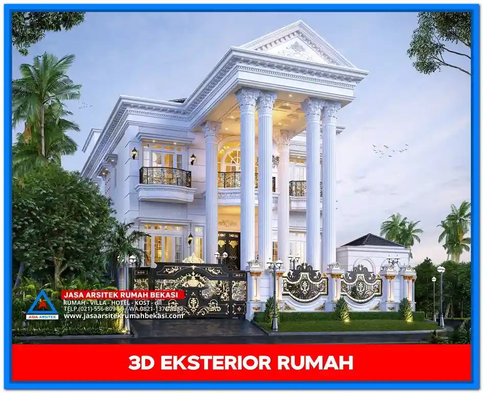 Inspirasi Gambar Rumah Klasik Eropa Elegan & Nyaman – Rumah dua lantai bergaya Eropa dengan dominasi warna terang, pilar tinggi, dan jendela besar yang menciptakan nuansa elegan dan nyaman.