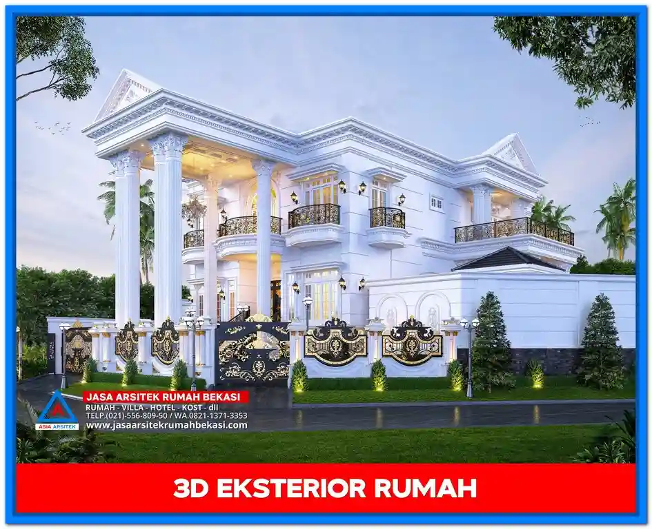 Inspirasi Gambar Rumah Klasik Eropa Elegan & Nyaman – Rumah dua lantai bergaya Eropa dengan dominasi warna terang, pilar tinggi, dan jendela besar yang menciptakan nuansa elegan dan nyaman.