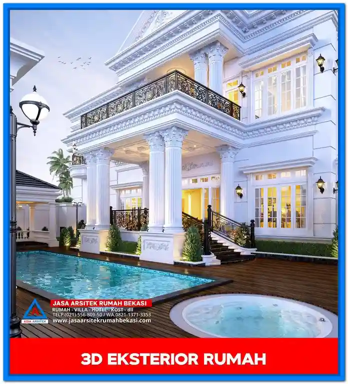 Inspirasi Gambar Rumah Klasik Eropa Elegan & Nyaman – Rumah dua lantai bergaya Eropa dengan dominasi warna terang, pilar tinggi, dan jendela besar yang menciptakan nuansa elegan dan nyaman.