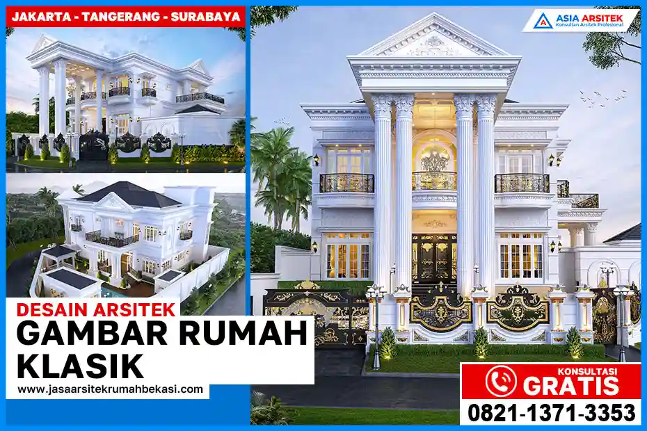 Inspirasi Gambar Rumah Klasik Eropa Elegan & Nyaman – Rumah dua lantai bergaya Eropa dengan dominasi warna terang, pilar tinggi, dan jendela besar yang menciptakan nuansa elegan dan nyaman.