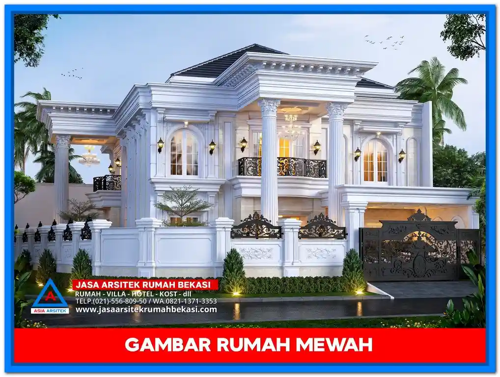 Inspirasi Gambar Rumah Mewah Klasik Modern Terbaru 2025 Ternyaman – Desain rumah dua lantai bergaya klasik modern dengan fasad simetris, pilar megah, atap tinggi, serta jendela besar yang memancarkan kesan mewah dan nyaman.