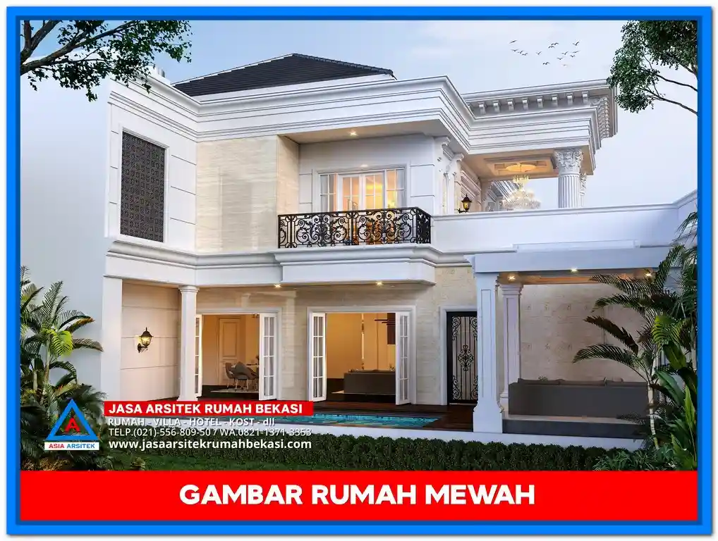 Inspirasi Gambar Rumah Mewah Klasik Modern Terbaru 2025 Ternyaman – Desain rumah dua lantai bergaya klasik modern dengan fasad simetris, pilar megah, atap tinggi, serta jendela besar yang memancarkan kesan mewah dan nyaman.