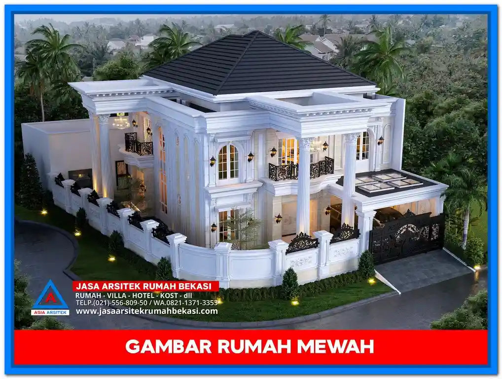Inspirasi Gambar Rumah Mewah Klasik Modern Terbaru 2025 Ternyaman – Desain rumah dua lantai bergaya klasik modern dengan fasad simetris, pilar megah, atap tinggi, serta jendela besar yang memancarkan kesan mewah dan nyaman.