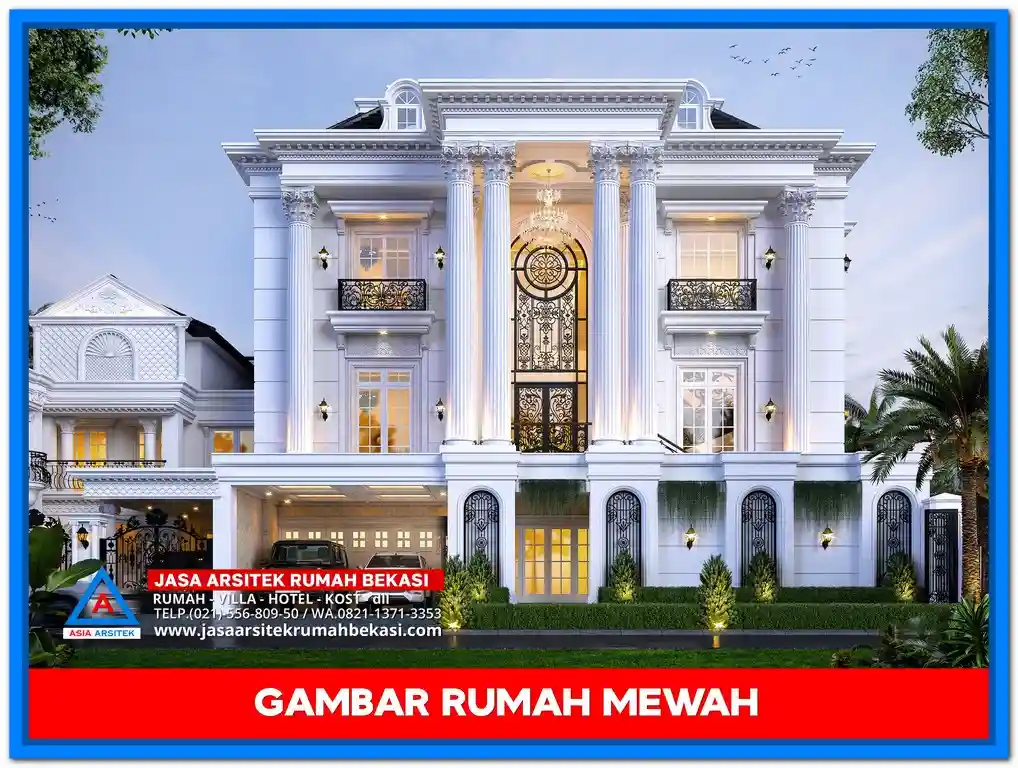 Model Rumah Mewah Terbaru 2025 – Desain rumah modern 2 lantai dengan tampilan elegan, jendela besar, dan elemen arsitektur futuristik