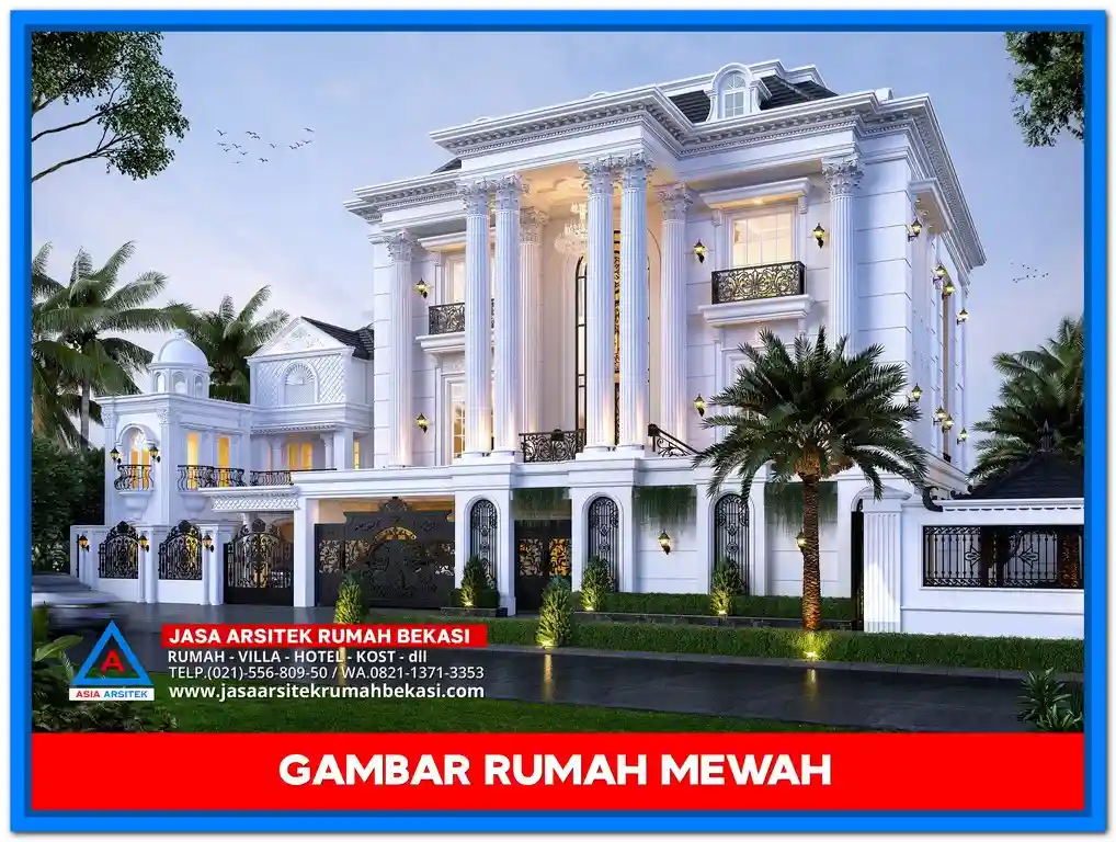 Model Rumah Mewah Terbaru 2025 – Desain rumah modern 2 lantai dengan tampilan elegan, jendela besar, dan elemen arsitektur futuristik