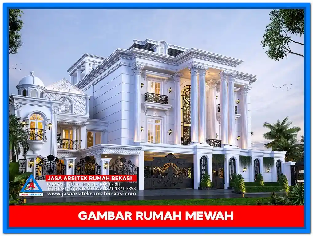 Model Rumah Mewah Terbaru 2025 – Desain rumah modern 2 lantai dengan tampilan elegan, jendela besar, dan elemen arsitektur futuristik