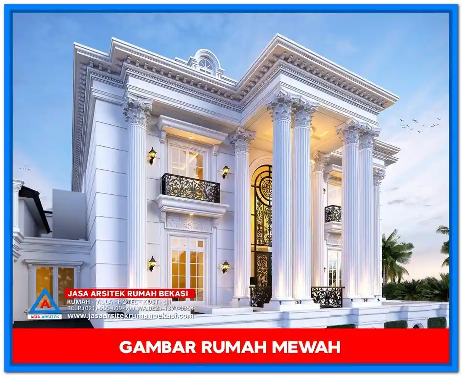 Model Rumah Mewah Terbaru 2025 – Desain rumah modern 2 lantai dengan tampilan elegan, jendela besar, dan elemen arsitektur futuristik