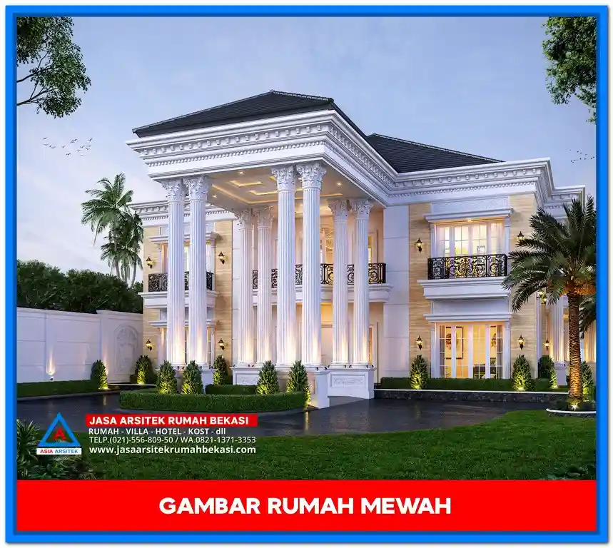 Rumah Mewah 2 Lantai – Desain rumah dua lantai dengan fasad megah, pilar elegan, jendela besar, serta tampilan modern klasik yang memancarkan kemewahan dan keanggunan.