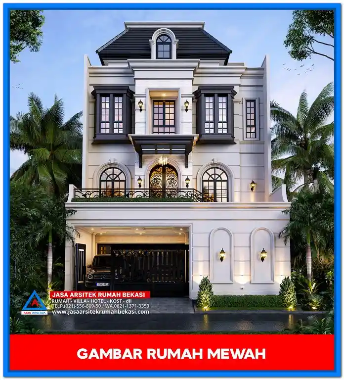Tampak Depan Gambar Rumah Mewah Gaya Tropis – Fasad megah dengan perpaduan batu alam, kayu, dan kaca besar yang menciptakan kesan tropis modern yang mewah dan menawan