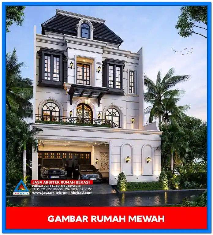 Tampak Depan Gambar Rumah Mewah Gaya Tropis – Fasad megah dengan perpaduan batu alam, kayu, dan kaca besar yang menciptakan kesan tropis modern yang mewah dan menawan