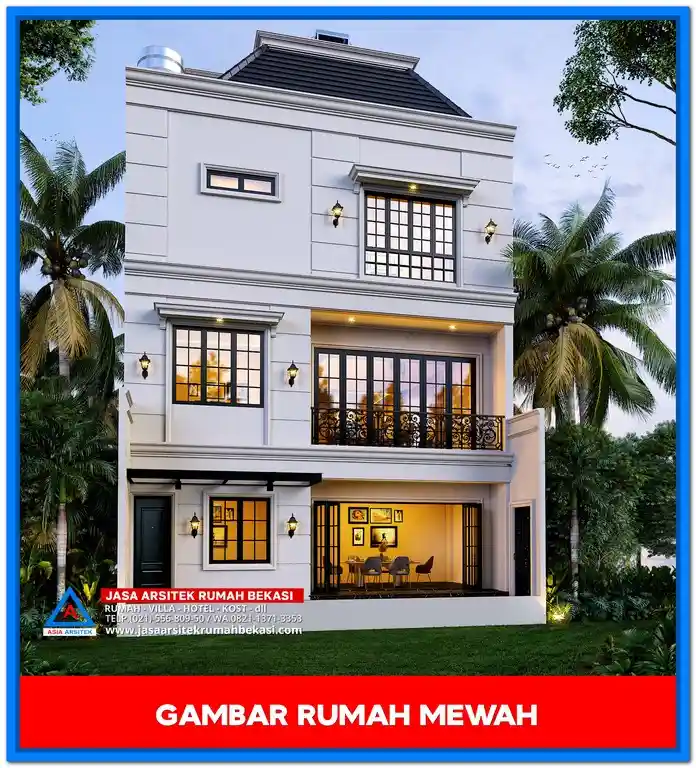 Tampak Depan Gambar Rumah Mewah Gaya Tropis – Fasad megah dengan perpaduan batu alam, kayu, dan kaca besar yang menciptakan kesan tropis modern yang mewah dan menawan
