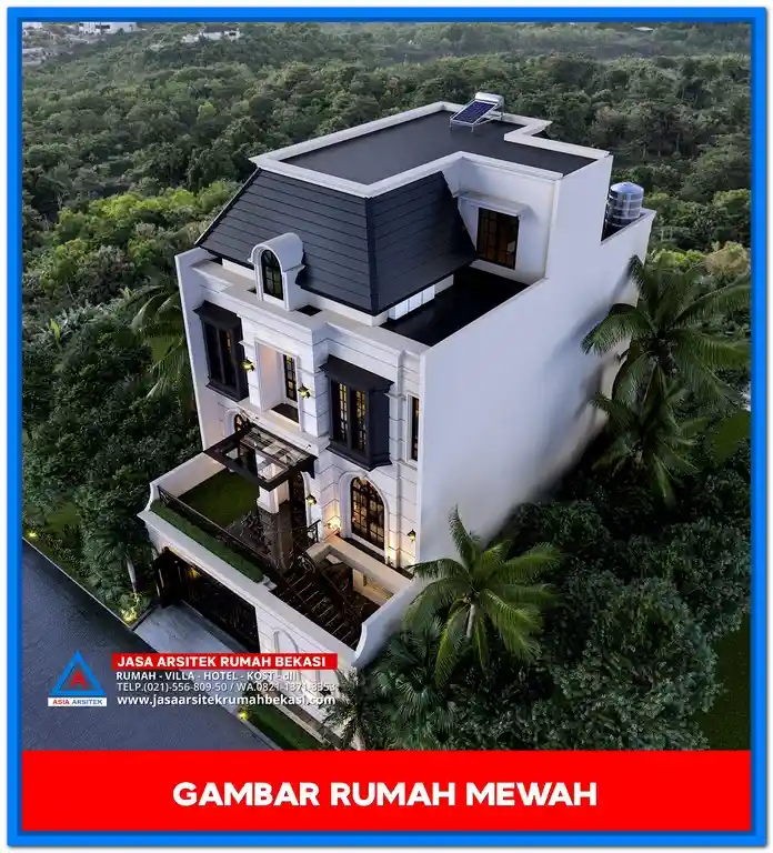 Tampak Depan Gambar Rumah Mewah Gaya Tropis – Fasad megah dengan perpaduan batu alam, kayu, dan kaca besar yang menciptakan kesan tropis modern yang mewah dan menawan