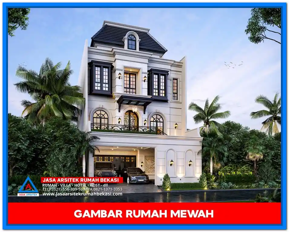 Tampak Depan Gambar Rumah Mewah Gaya Tropis – Fasad megah dengan perpaduan batu alam, kayu, dan kaca besar yang menciptakan kesan tropis modern yang mewah dan menawan