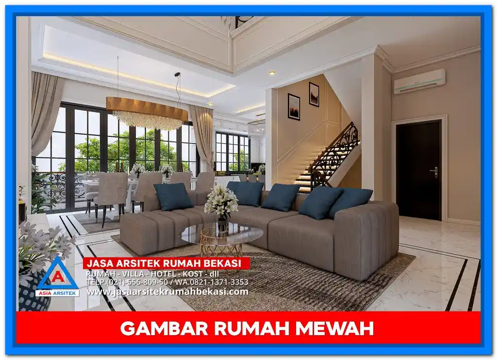 Tampak Depan Gambar Rumah Mewah Gaya Tropis – Fasad megah dengan perpaduan batu alam, kayu, dan kaca besar yang menciptakan kesan tropis modern yang mewah dan menawan