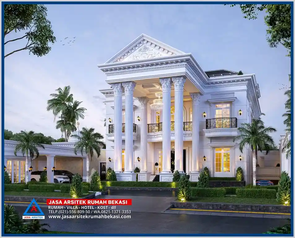 Rumah Klasik 2 Lantai Khas Eropa – Konsep hunian elegan dengan fasad simetris, pilar besar, jendela lengkung, dan detail ukiran khas gaya arsitektur Eropa yang mewah dan menawan.