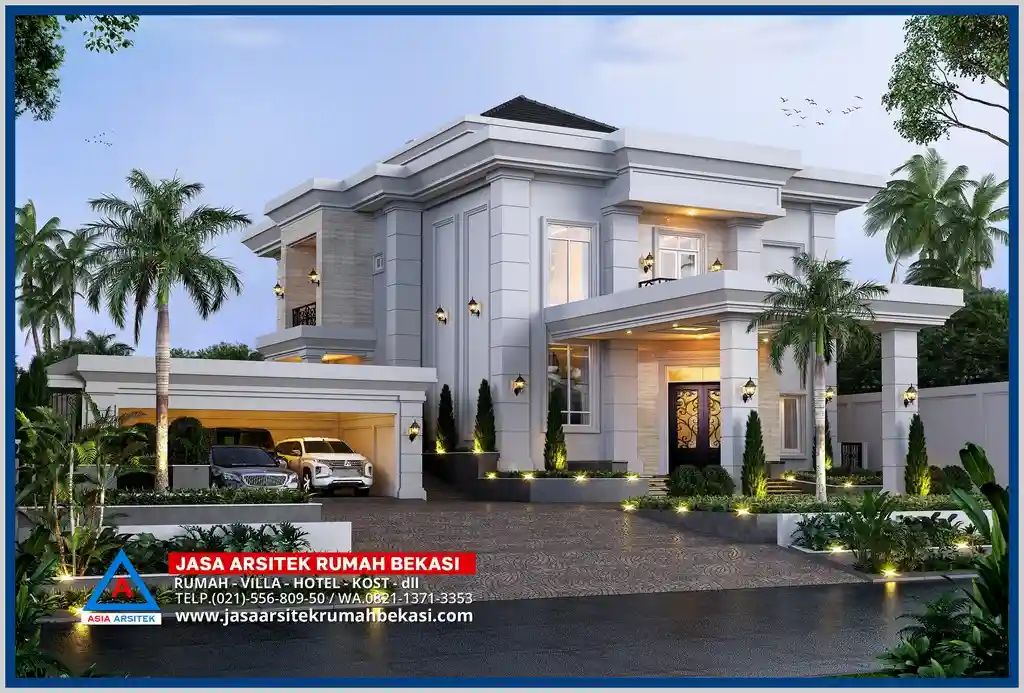 Rumah Tropis 3 Lantai Dengan Drop Off Elegan – Fasad tropis modern dengan area drop off luas, perpaduan material alami dan desain yang mengedepankan kenyamanan serta estetika