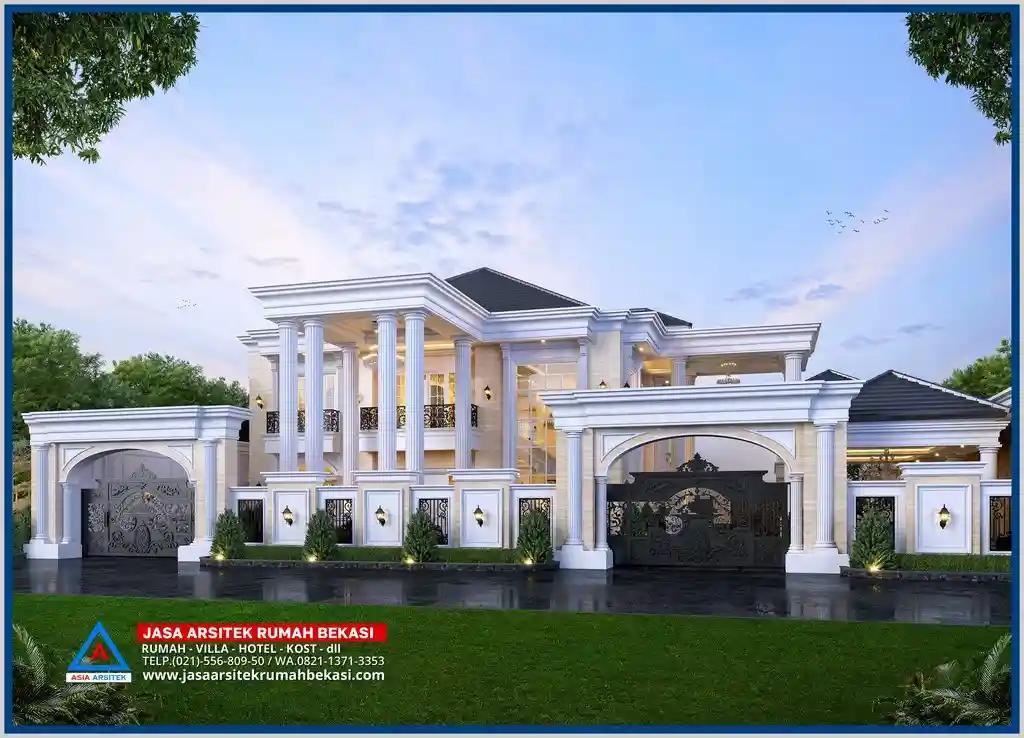 Rumah Klasik Eropa 2 Lantai – Fasad elegan dengan pilar dekoratif, atap miring, dan ornamen klasik yang memperkuat kesan mewah dan tradisional Eropa.