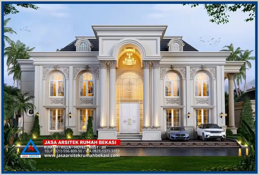 Rumah Klasik Eropa 2 Lantai dengan Kolam Renang – Fasad bergaya Eropa klasik dengan pilar megah, ornamen detail, dan kolam renang privat yang menambah kesan mewah.