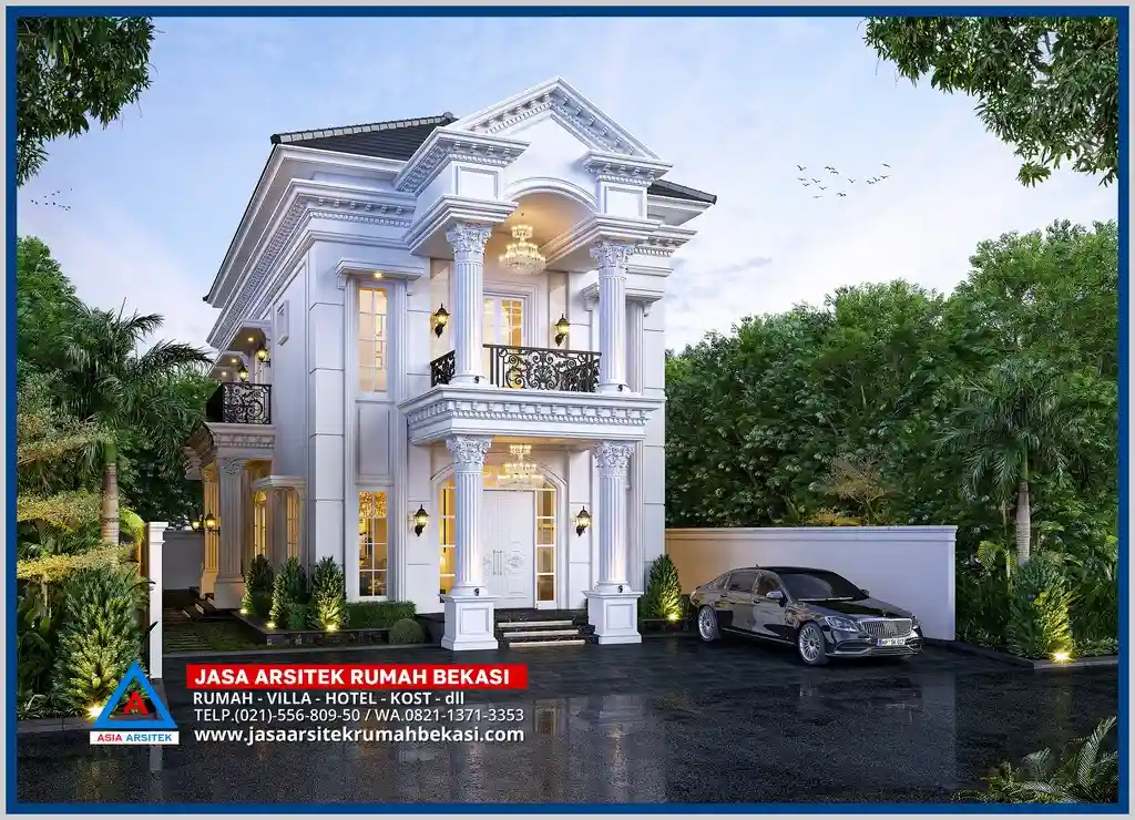 Rumah Mewah 2 Lantai 7x17 Meter – Desain fasad modern dengan proporsi tepat, balkon stylish, dan pencahayaan alami yang menghadirkan kesan mewah dan luas.
