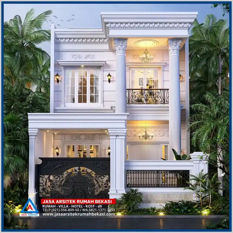 Rumah Klasik Sentuhan Elegan Modern – Fasad klasik dengan ornamen minimalis, garis bersih, dan aksen modern yang memperkuat kesan elegan dan mewah.