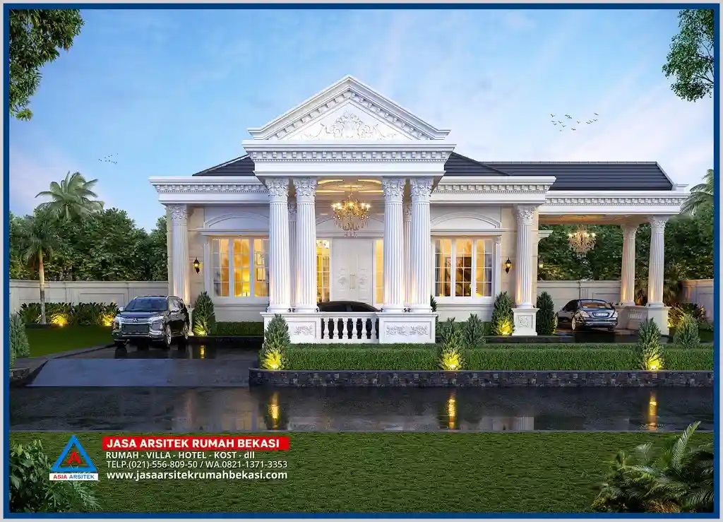 Ide Gambar Rumah Klasik 1 Lantai – Desain fasad klasik dengan atap miring, pilar sederhana, dan ornamen minimalis yang menghadirkan suasana hangat dan tradisional.