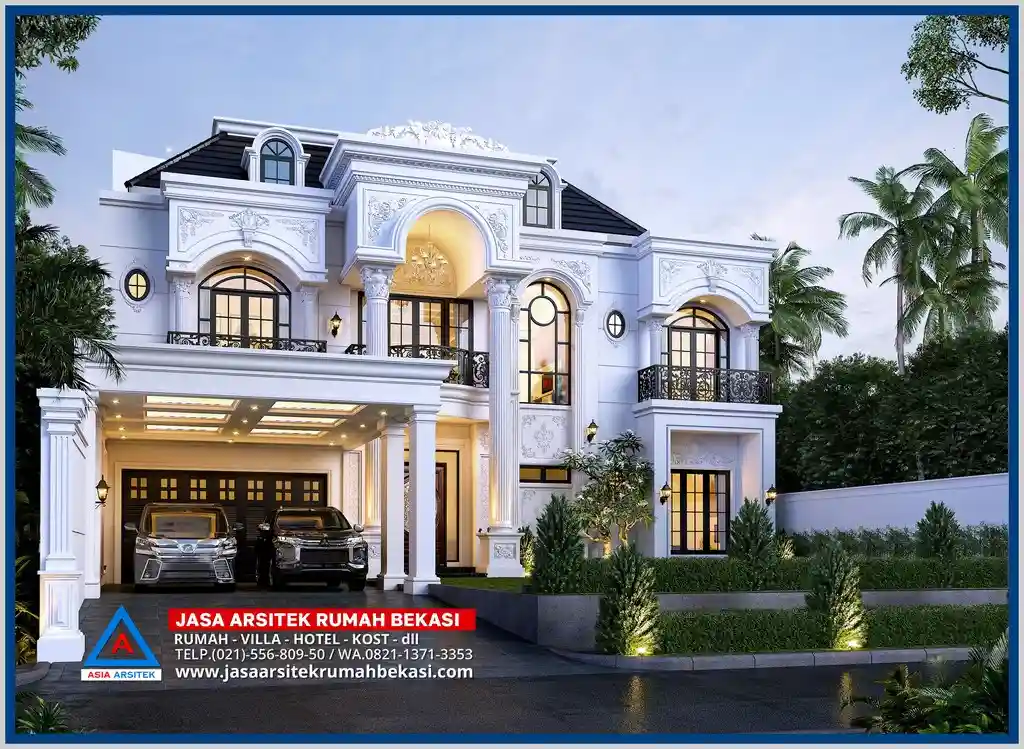 Desain Rumah Klasik 3 Lantai – Fasad mewah dengan pilar tinggi, balkon simetris, dan detail ornamen klasik yang menonjolkan kesan elegan dan berkelas.