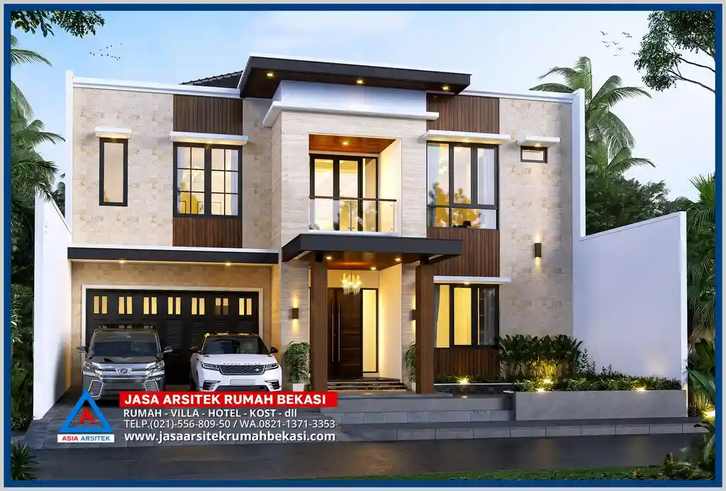 Desain Rumah Mewah 2 Lantai Fasad Simetris – Fasad elegan dengan tampilan seimbang, pilar megah, dan ornamen klasik yang mempertegas kesan mewah dan berkelas.
