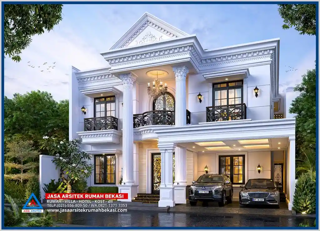 Gambar Rumah Mewah 2 Lantai Terbaru – Desain fasad mewah bergaya modern klasik dengan elemen simetris, pencahayaan artistik, dan detail arsitektur yang elegan.