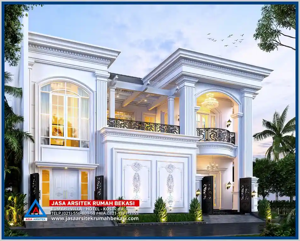 Rumah Klasik Dengan Rooftop Elegan – Fasad bergaya klasik dengan detail ornamen megah, dilengkapi rooftop modern untuk relaksasi dan pemandangan terbuka yang menawan.