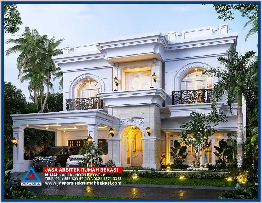 Rumah Tropis Mewah 2 Lantai Fasilitas Lengkap – Desain terbuka dengan fasad tropis modern, jendela besar, taman hijau, serta dilengkapi kolam renang dan area keluarga luas.