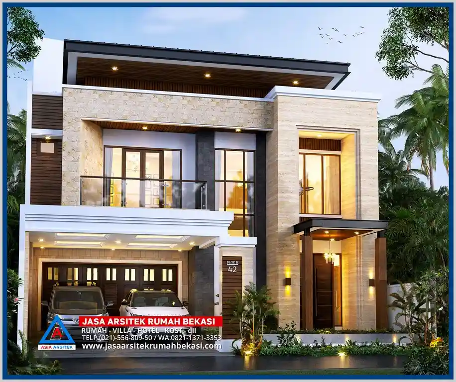Rumah Tropis 3 Lantai dengan Fasad Mewah – Desain vertikal tropis dengan elemen kayu, jendela lebar, dan permainan tekstur alami yang mempertegas kesan mewah dan hangat.